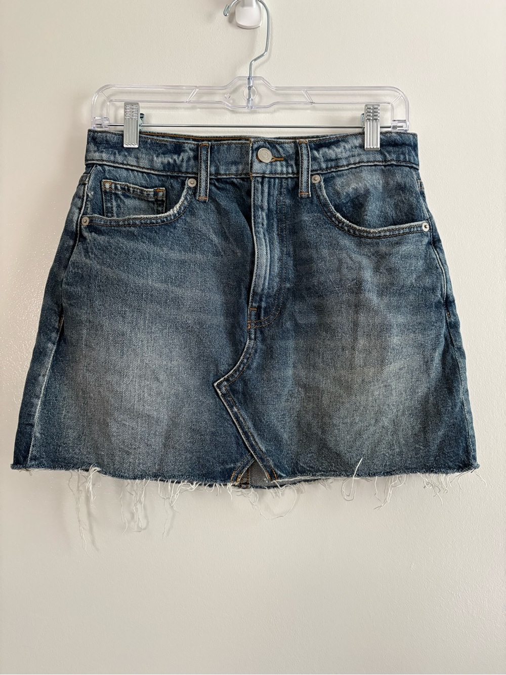 Lucky Brand High Rise Cut Off Medium Blue Wash Distressed Jean Mini Skirt Size 6